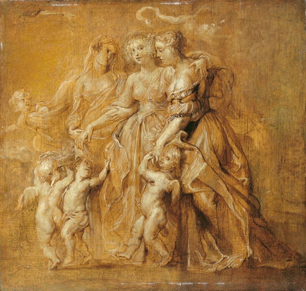Three Women With Putti In An Open Space Canvas Art - (24 x 18)