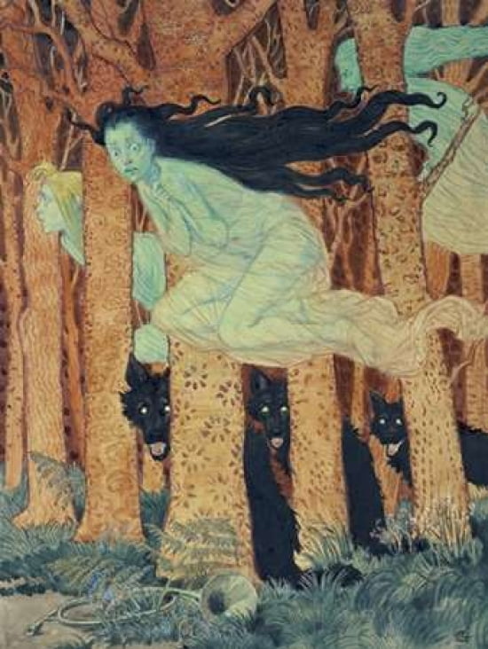 Three Women and Three Wolves Canvas Art - Eugene Grasset (18 x 24)
