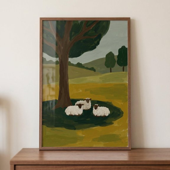 Three Woolly Sheep Countryside Landscape Wall Decor Unframed Paper Print