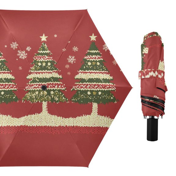 Three Yarn Knitted Christmas Trees All Weather Umbrella Triple Folding Parasol 6 Ribs UV Protection Portable