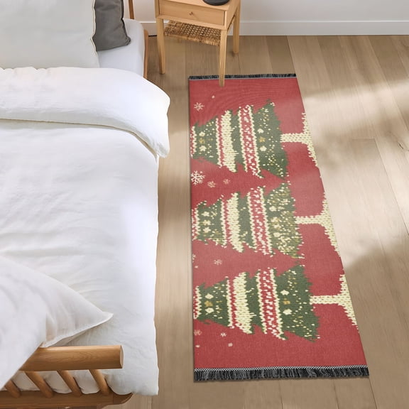 Three Yarn Knitted Christmas Trees Bedside Runner Rug 2'x 6' Non Slip Carpet Floor Mat Area Rug