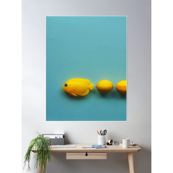 Three Yellow Angel Fish Swimming To The Left Poster Wall Art, Modern Wall Decor For Living Room Bedroom, 12x18 UNFRAMED