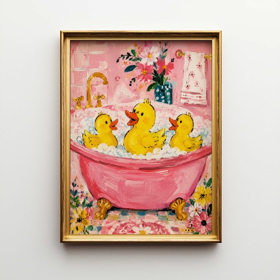 Three Yellow Ducks And Naive Gouache Nursery Bathroom Poster Unframed Paper Print