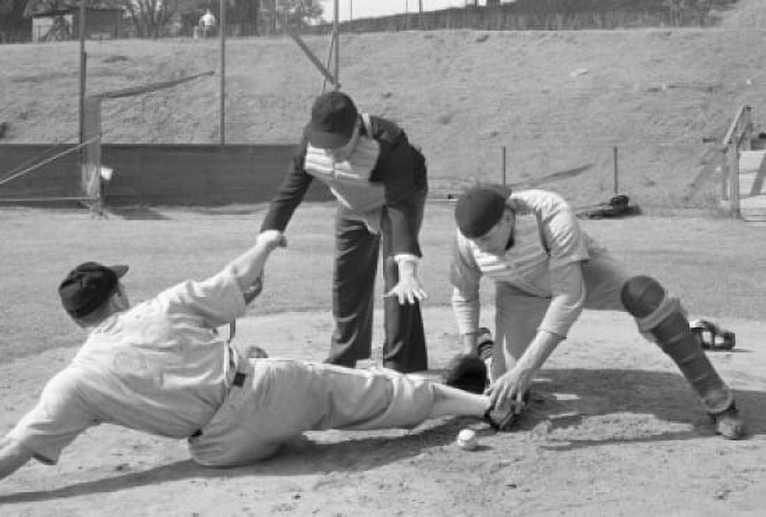 Three baseball players competing in field Canvas Art - (24 x 36)