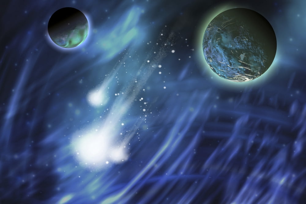 Three comets blaze a trail near a planet and its moon Canvas Art - Corey FordStocktrek Images (18 x 12)
