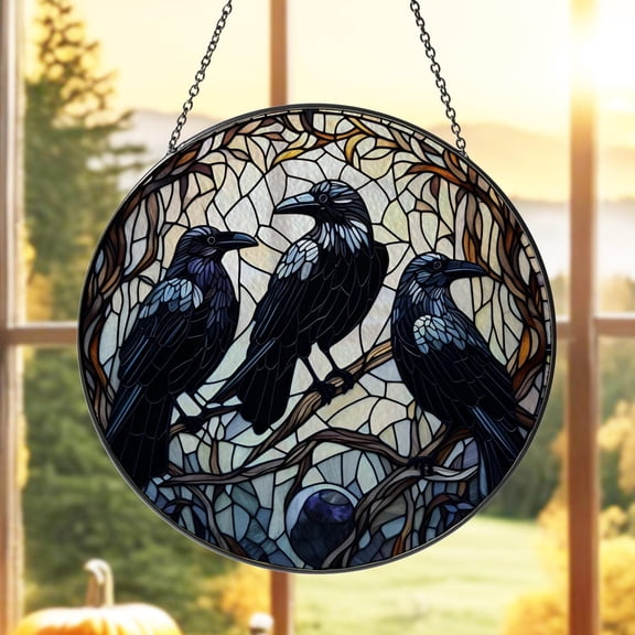 Three crows on branch GLASS Window Hanging, Dark academia decor, Raven lover gift, Halloween decor, Gothic sign hanging, Raven Suncatcher Decor