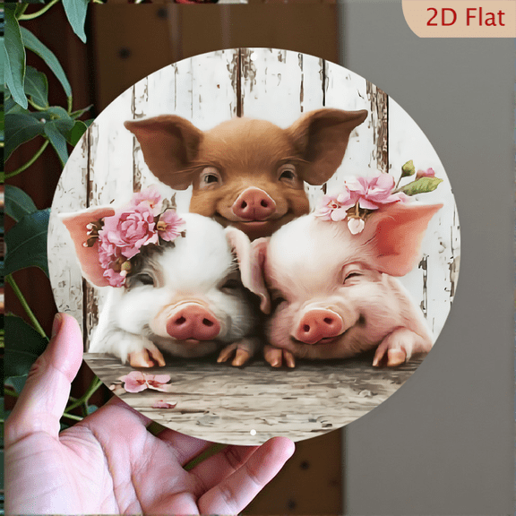 Three cute little pigs Decor, 8" Round Aluminum Wall Art Sign, Metal Signs, Wall Decor For Kitchen, Door, Office, Coffee, Bedroom Decor, Best Gift For Room, Home, Bathroom Decor, Weird Decor, 2D Flat