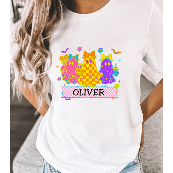 Three cute little pink ghost pattern T-shirts, round-neck short-sleeved, casual and fashionable White S-5XL