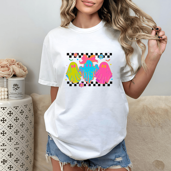 Three cute pink ghost-patterned T-shirts, round-neck short-sleeved, casual and fashionable White S-5XL