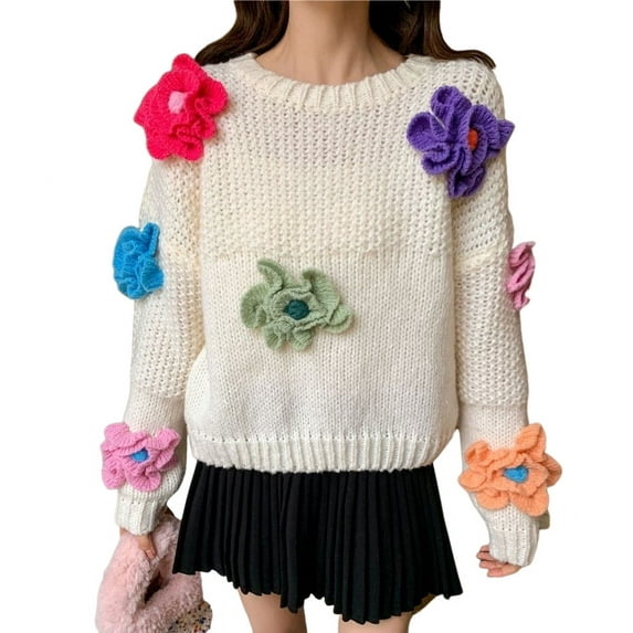 Three-dimensional Floral Knit for A Loose and Languid Style, A Sweet Pullover Sweater
