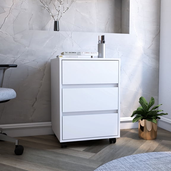 Three-drawer Filing Cabinet with Roller Blade Glide and Locking Wheels for Office Storage