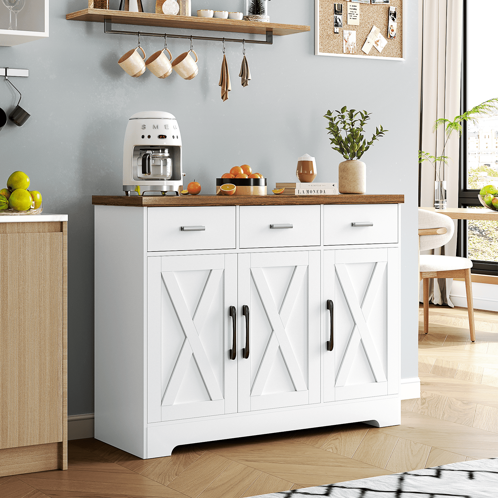 LAFGUR Buffet Sideboard Cabinet,Wood Kitchen Storage Cabinet with Adjustable Shelves,Modern Farmhouse Coffee Bar Cabinet for Kitchen, Dining Room, White