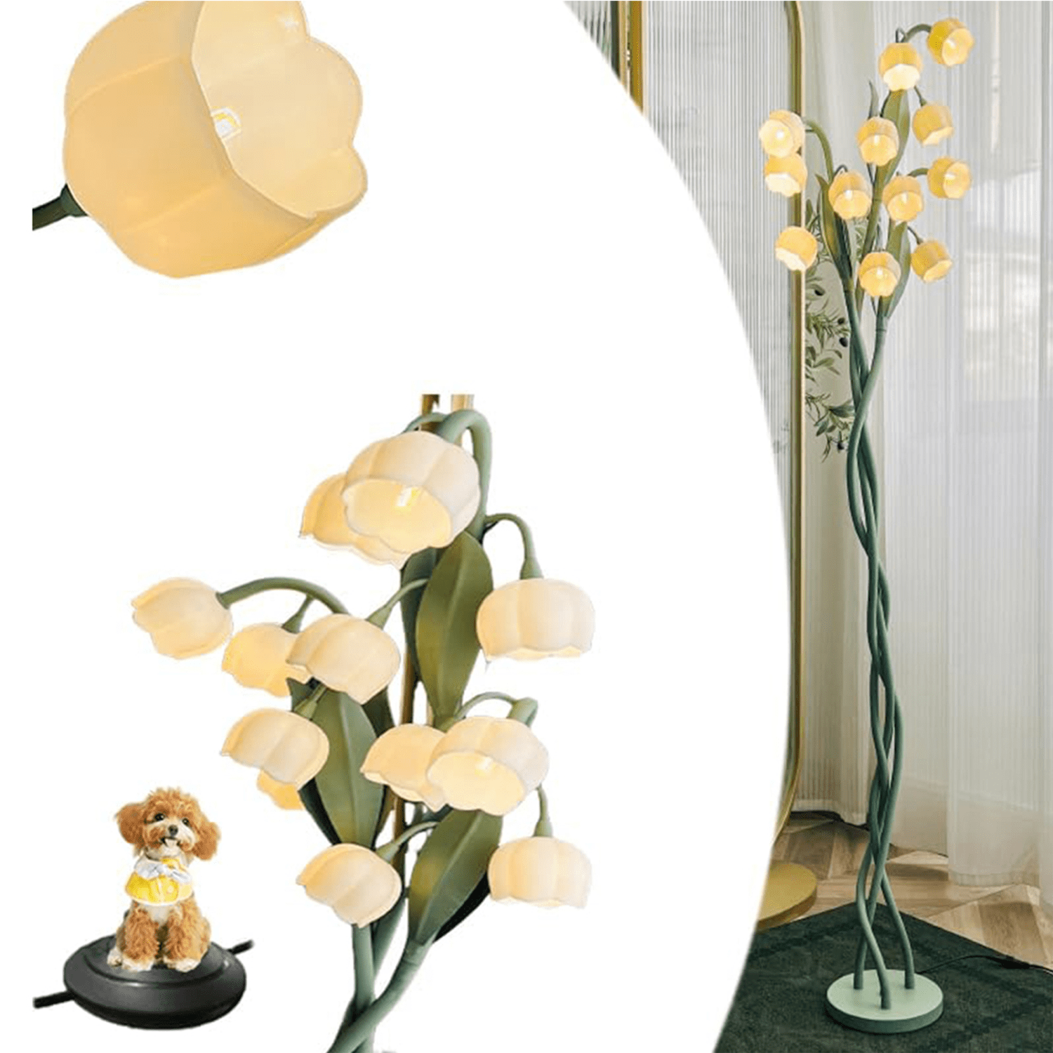 12 Heads Flowers Floor Lamp: Adjustable Lily of the Valley Light with 3 Bendable Stems - Retro Vintage Style 63-Inch Tall Floor Lamp for Living Room - Plug In Ready with Cream Bulb