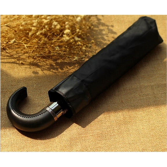 Three-fold Automatic Elephant Umbrella Leather Imitation Wooden Handle Ten-bone Extra-large Men's Black Full-automatic Three-fold Umbrella-Leather+curved handle