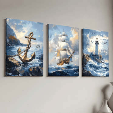 Three framed canvas paintings and posters, ready to hang, feature abstract designs of sailboats, anchors, sailboats and lighthouses. Includes framing, perfect home decor, and room decor