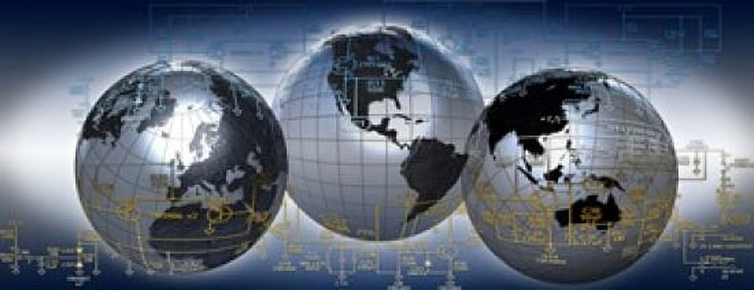 Three globes with electronic diagram Canvas Art - Panoramic Images (15 x 6)