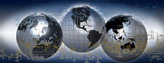 Three globes with electronic diagram Canvas Art - Panoramic Images (30 x 12)