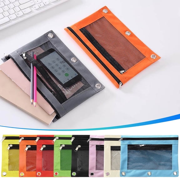Three-hole Oxford Cloth Pencil Case Dan Layer Mesh Large Capacity Black Zipper