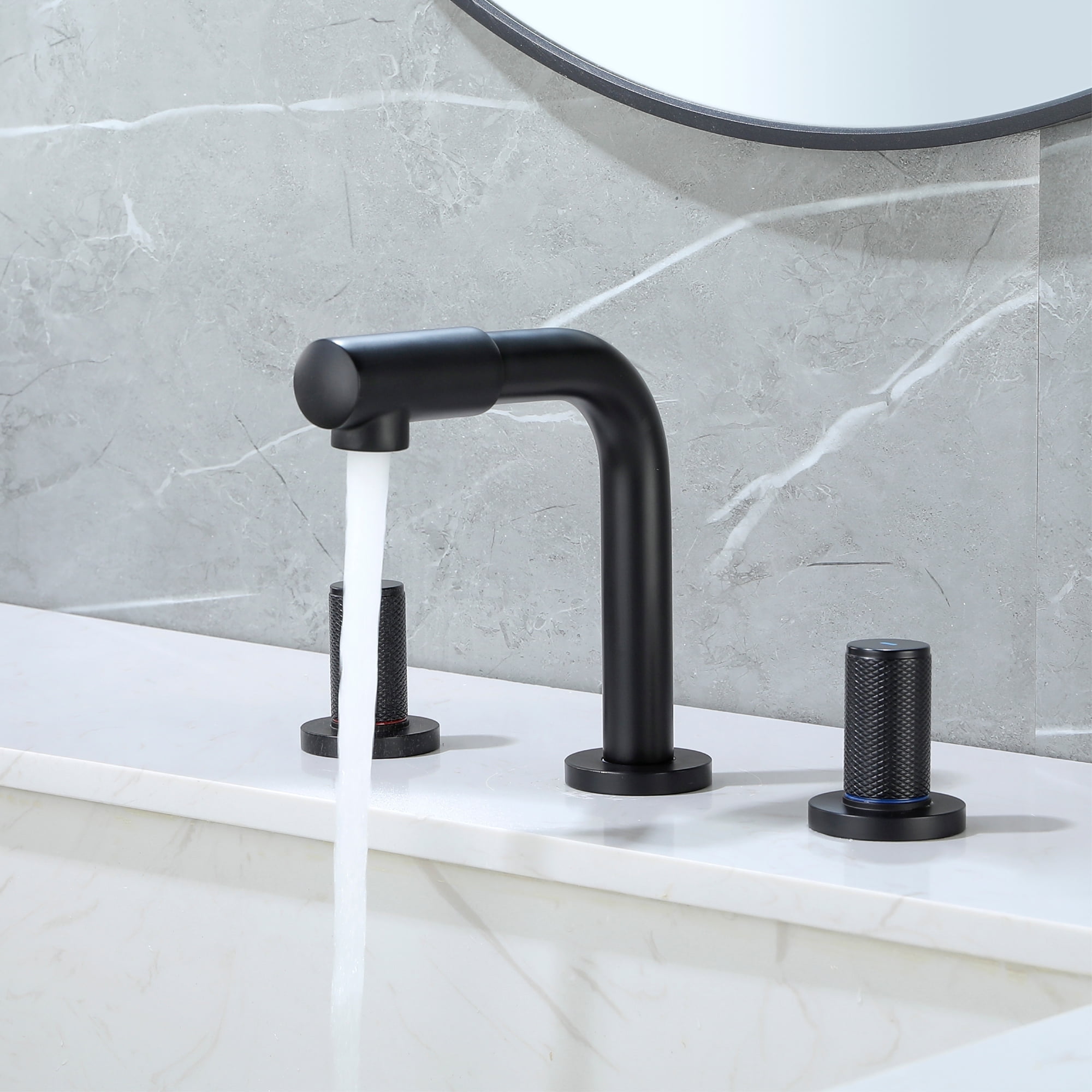 Three hole faucet with black water outlet nozzle that can rotate 360 ...