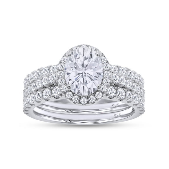 AFFY 2.50CT Moissanite Diamond Three-in-One Oval Halo Eternity Wedding Ring Set 14K White Gold over Silver-10.5