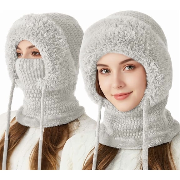 Three-in-one knitted hat (including scarf and face mask), women's outdoor windproof scarf hat, knitted ski mask set.