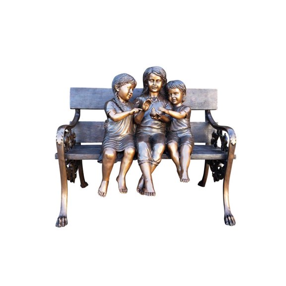 Nifao Three kids on a Bench Holding a Bird Bronze Statue Home Decor Sculpture, 40"L x 30"W x 33"H