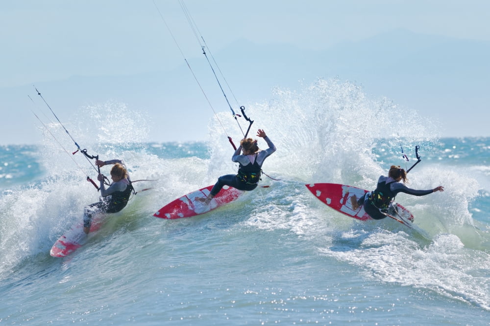 Three kitesurfers in water Tarifa Cadiz Province Andalusia Spain Canvas Art - Ben Welsh Design Pics (19 x 12)