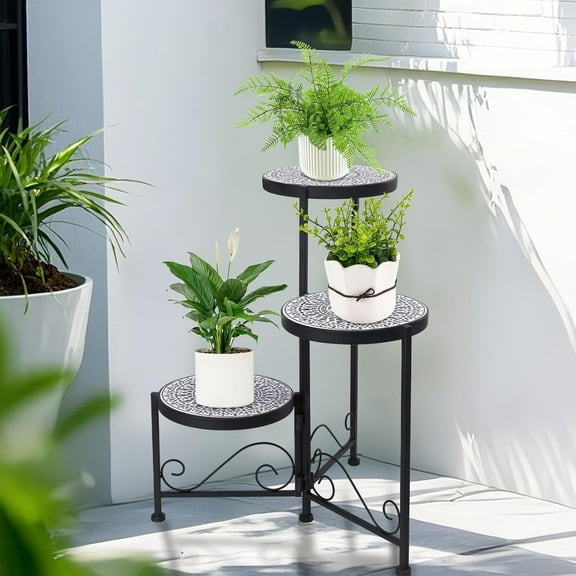 3 Tiers Mosaic Plant Stand Indoor Corner Garden Shelf Flower Stands for Living Room Balcony and Garden Decor Black