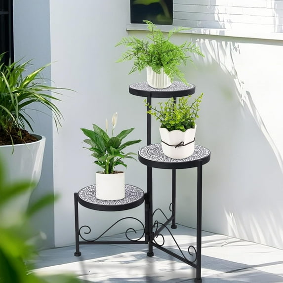 3 Tiers Mosaic Plant Stand Indoor Corner Garden Shelf Flower Stands for Living Room Balcony and Garden Decor Black