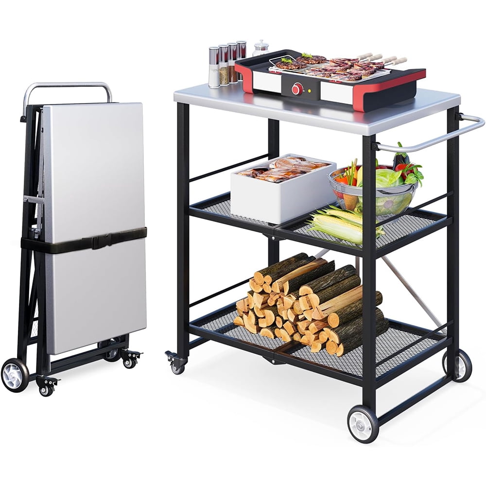 Three-layer foldable stainless steel cart with wheels, portable kitchen island suitable for apartment, studio, and backyard cooking, black