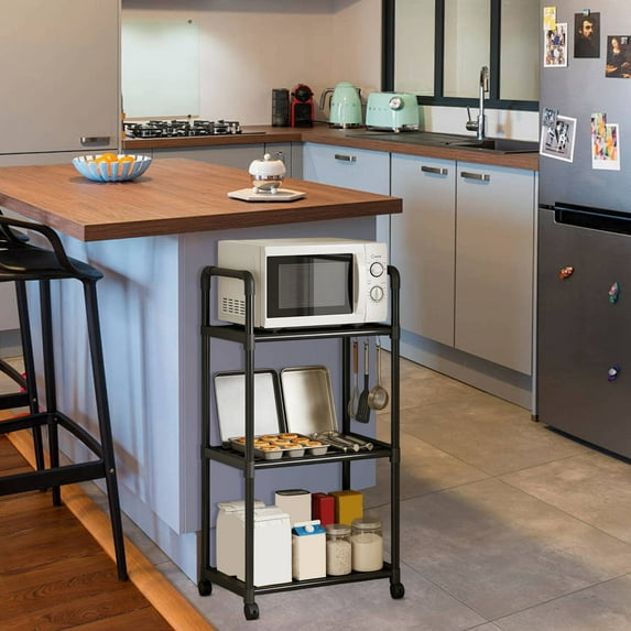 Three layer movable kitchen storage rack, household multi-layer storage rack, microwave oven seasoning storage rack with wheels, floor standing miscellaneous sorting rack