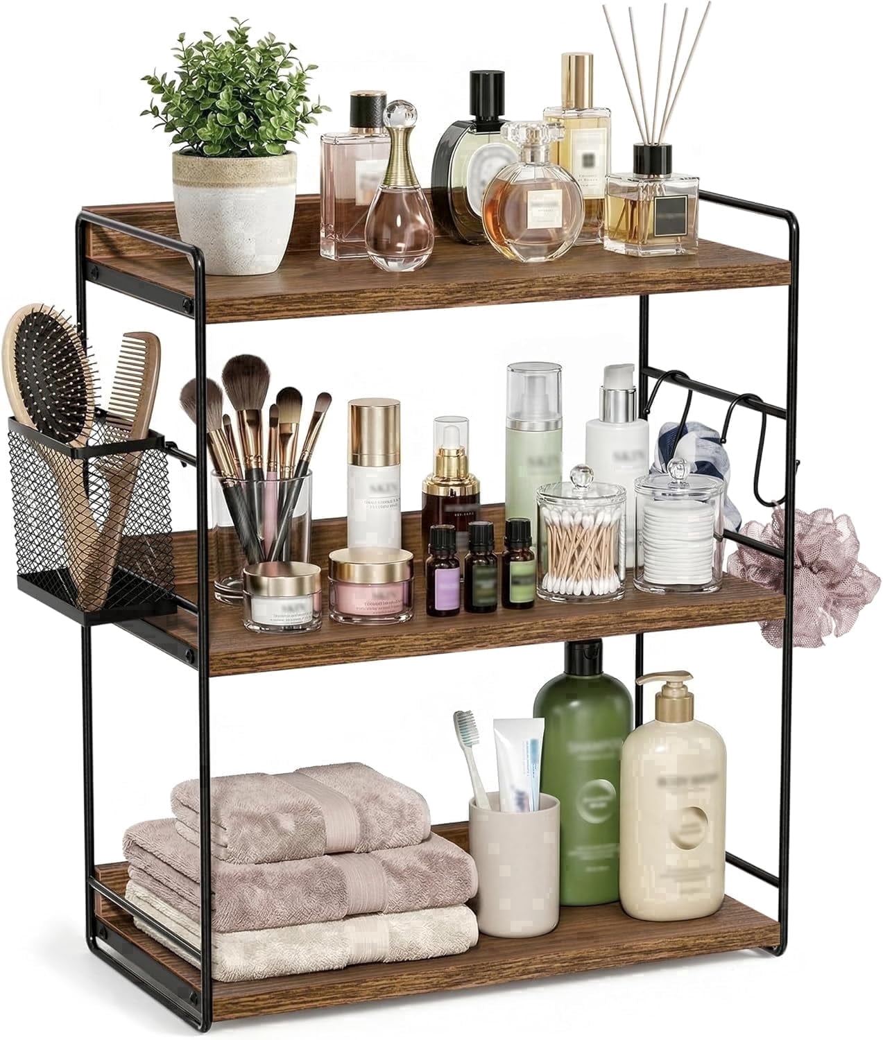 3-Tier Bathroom Counter Organizer with Basket, Vanity Organizer Counter Shelf for Skincare & Makeup Storage, Wood Countertop Organizers for Kitchen, Bathroom, Dresser