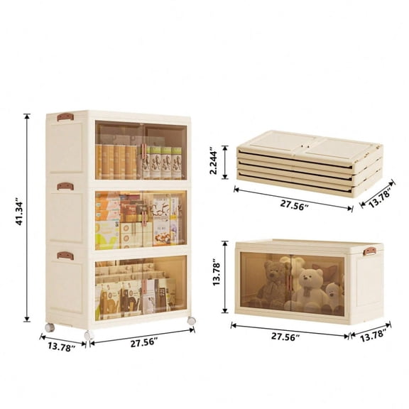 Three-layer stacked folding storage cabinet, transparent plastic wardrobe organizer box, with double doors and lockable wheels, foldable storage basket, suitable for storing clothes, books, wine, sna