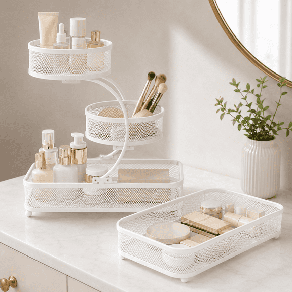 Three layers of white + one layer of whitecosmetic display box with metal mesh storage compartments and separate trays, a space-saving dressing table storage rack. Suitable for skin care products, pe