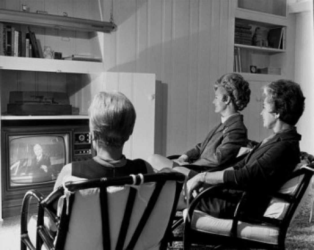 Three mature women watching television Canvas Art - (24 x 36)