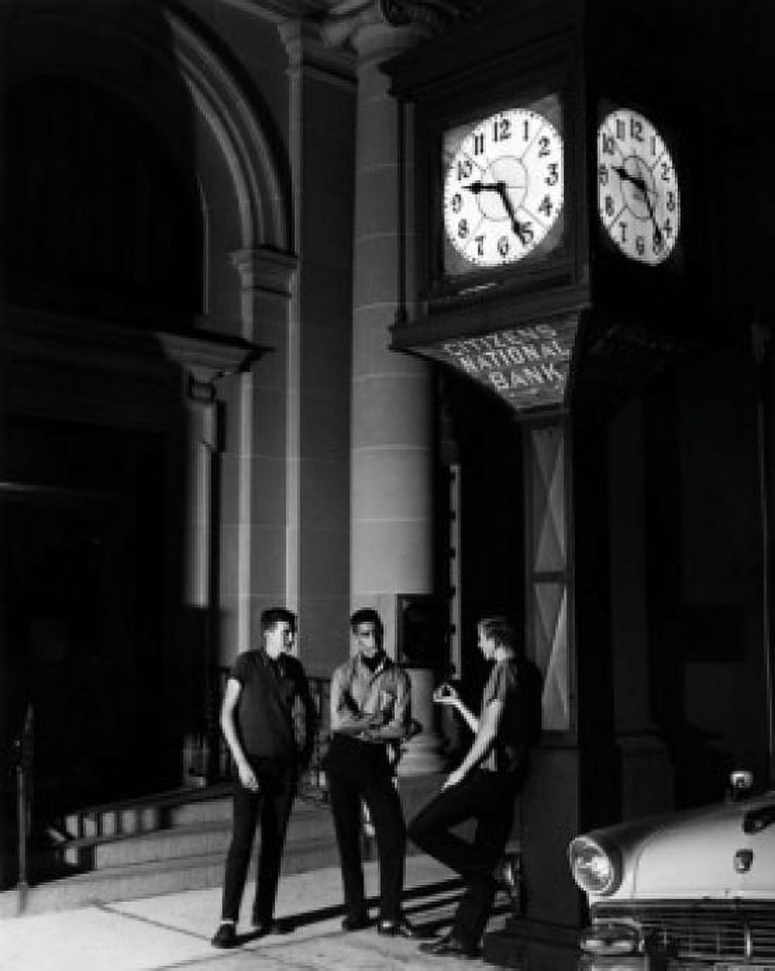 Three men having conversation outside bank at night Canvas Art - (18 x 24)