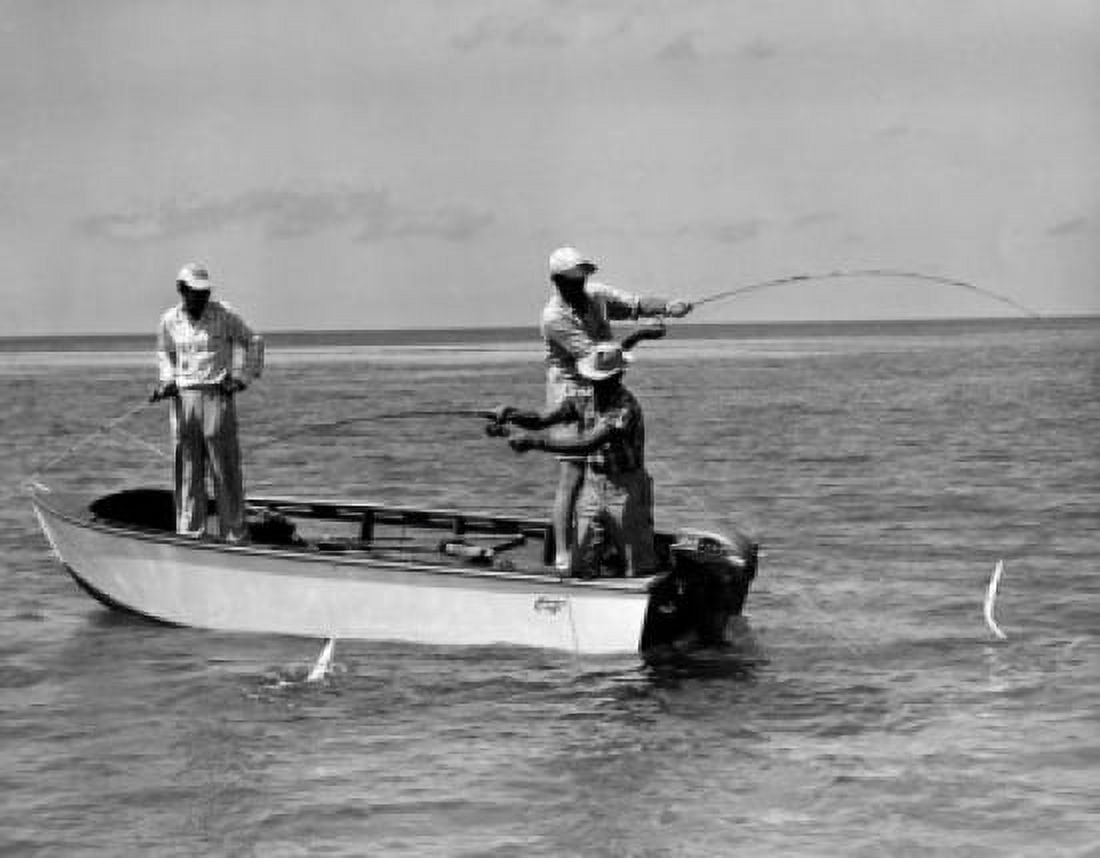 Three men standing on a motorboat and fishing in the sea Canvas Art - (18 x 24)
