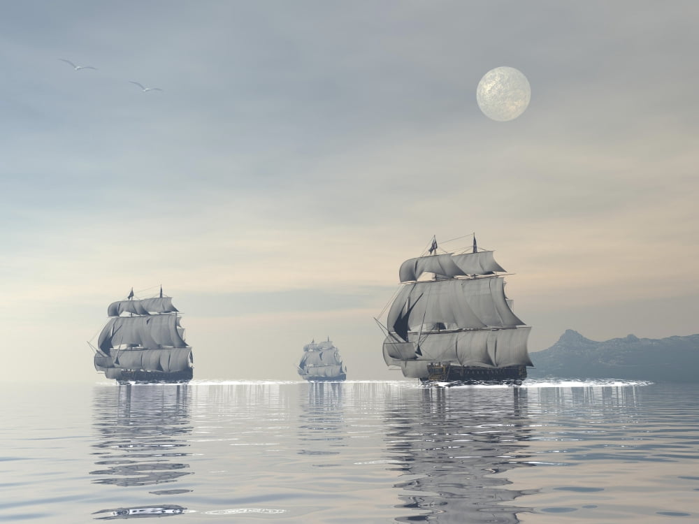 Three old ships sailing in the ocean under a full moon Canvas Art - Elena DuvernayStocktrek Images (17 x 13)