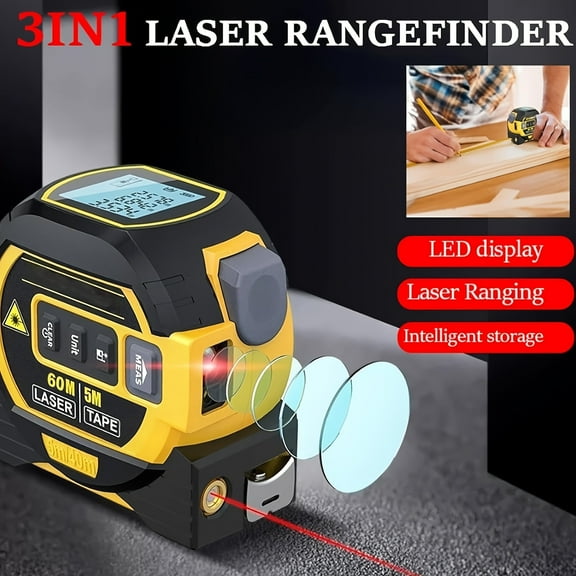 Three in one digital laser tape measure, laser rangefinder, 60m/196.85FT digital measuring sight, handheld electronic digital tape measure with LED display screen (60m yellow)