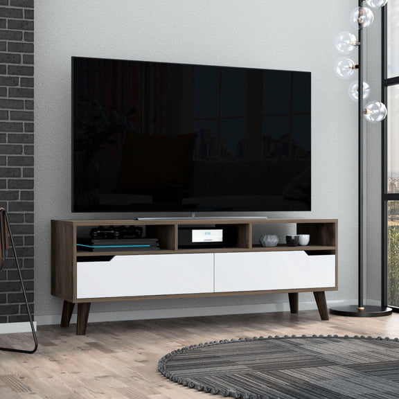 Three open shelves for display - TV stand with 20.08" height and two drawers