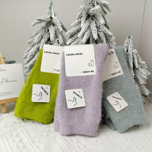 Three pairs of autumn/winter socks, mid-calf socks, thickened for extra warmth, simple solid color design, versatile for commuting! Soft and warm autumn/winter socks!
