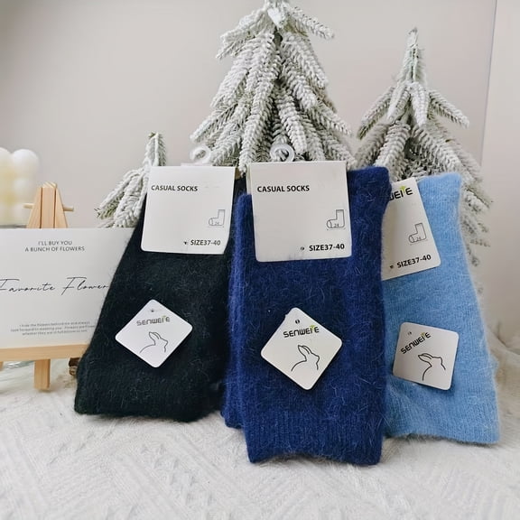 Three pairs of autumn/winter socks, mid-calf socks, thickened for extra warmth, simple solid color design, versatile for commuting! Soft and warm autumn/winter socks!