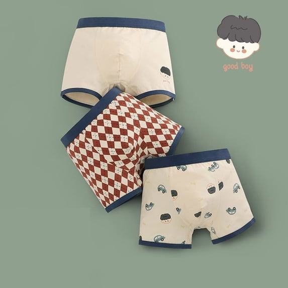 Three pairs of children's boxer briefs 3-12 years,Pure cotton underpants for boys, antibacterial cartoon for middle and large children, flat-leg pants,Korean version of Class a boys'children's shorts
