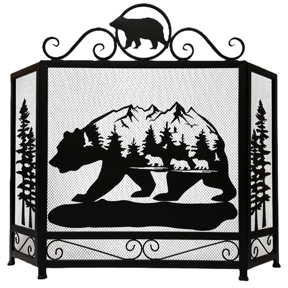 Three-panel Foldable Fireplace Screen with Rustic Bear Cutout Mountain Scenery