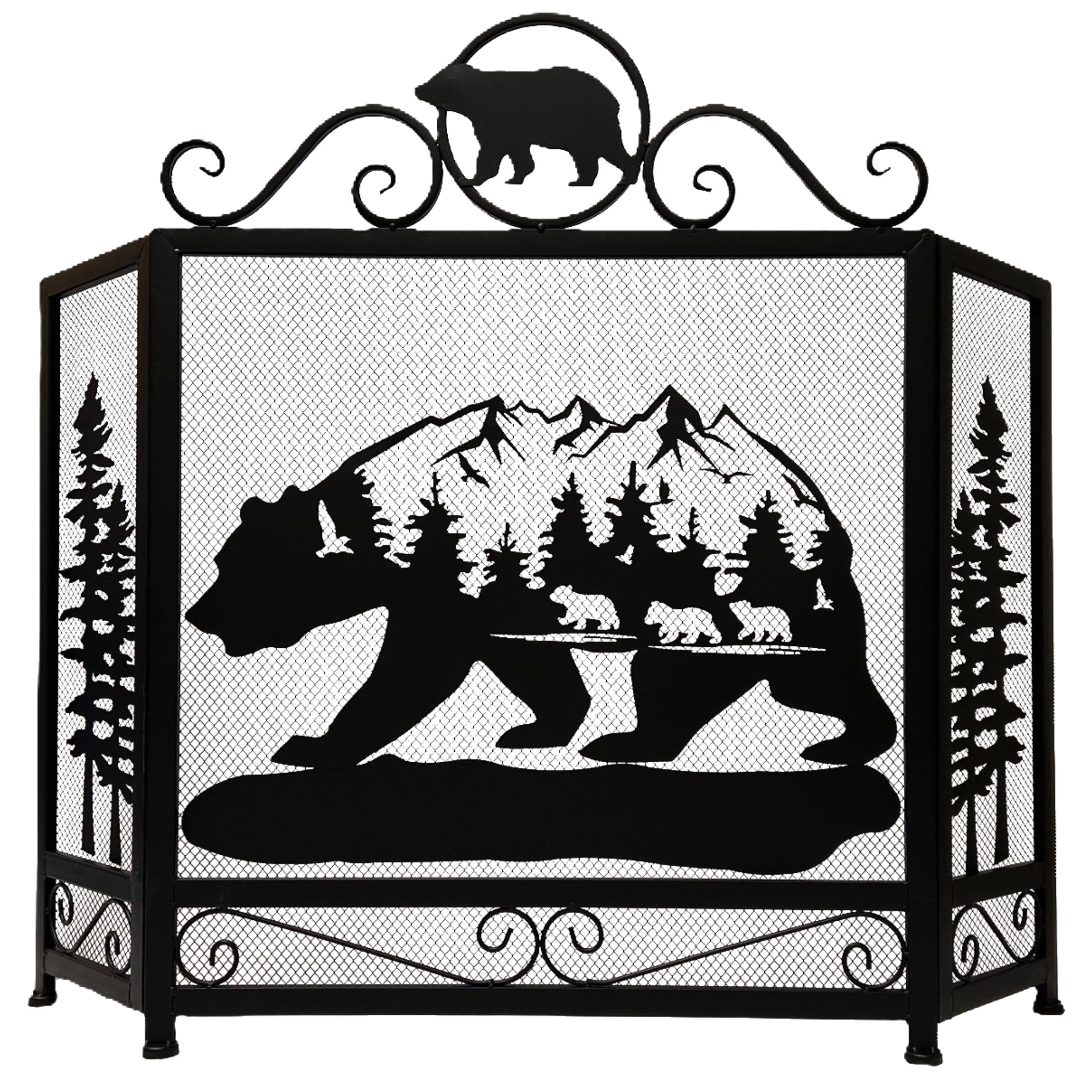 Three-panel Foldable Fireplace Screen with Rustic Bear Cutout Mountain