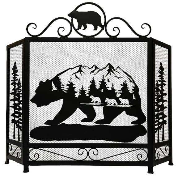 Three-panel Foldable Fireplace Screen with Rustic Bear Cutout Mountain Scenery