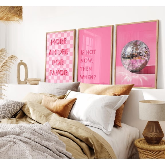 Three piece Dopamine Decor Wall Art Funky pink Poster Set for trendy Aesthetic Room Decor, Girly disco ball kitchen gallery Prints, Poster Only