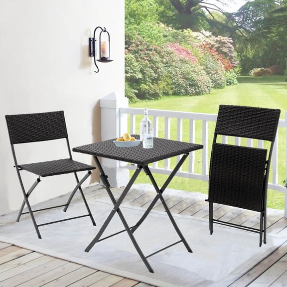 Three pieces Folding Table and Chair Patio Outdoor Conversation Bistro Set by PE Rattan for Outdoor Courtyards Poolside Gardens