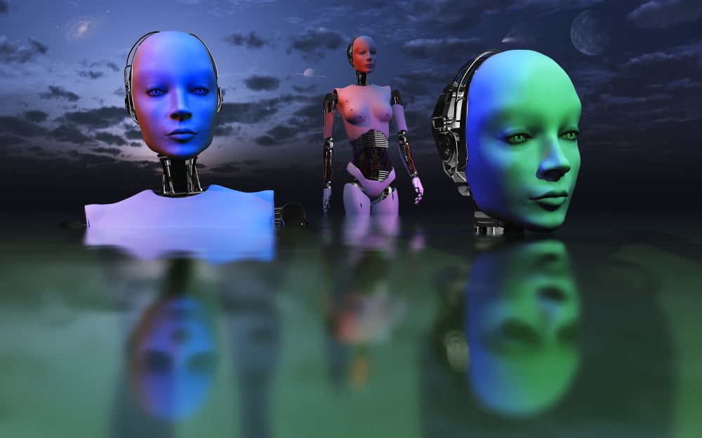 Three robots link to form one super mind Canvas Art - Mark StevensonStocktrek Images (18 x 12)