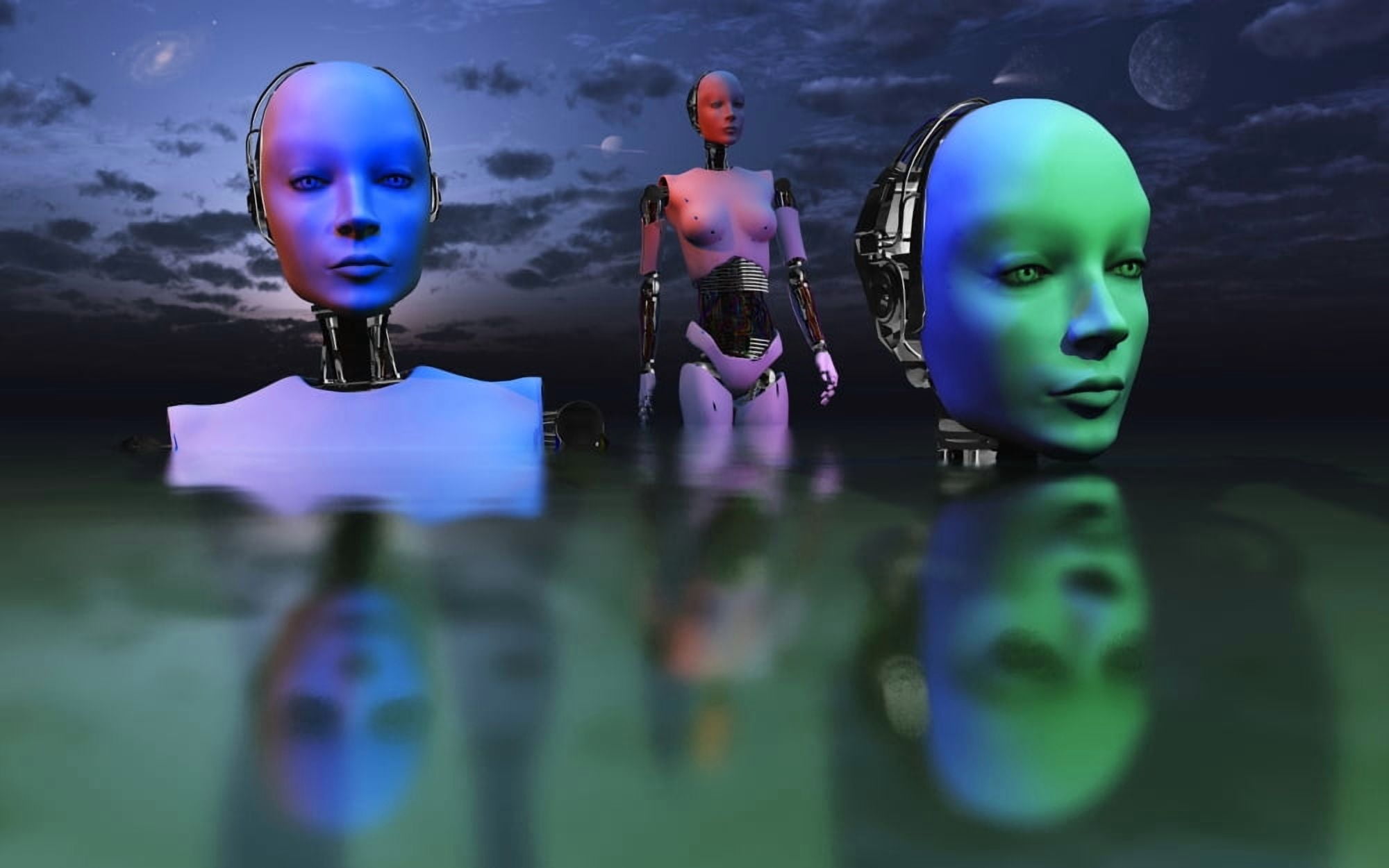 Three robots link to form one super mind Canvas Art - Mark StevensonStocktrek Images (36 x 23)